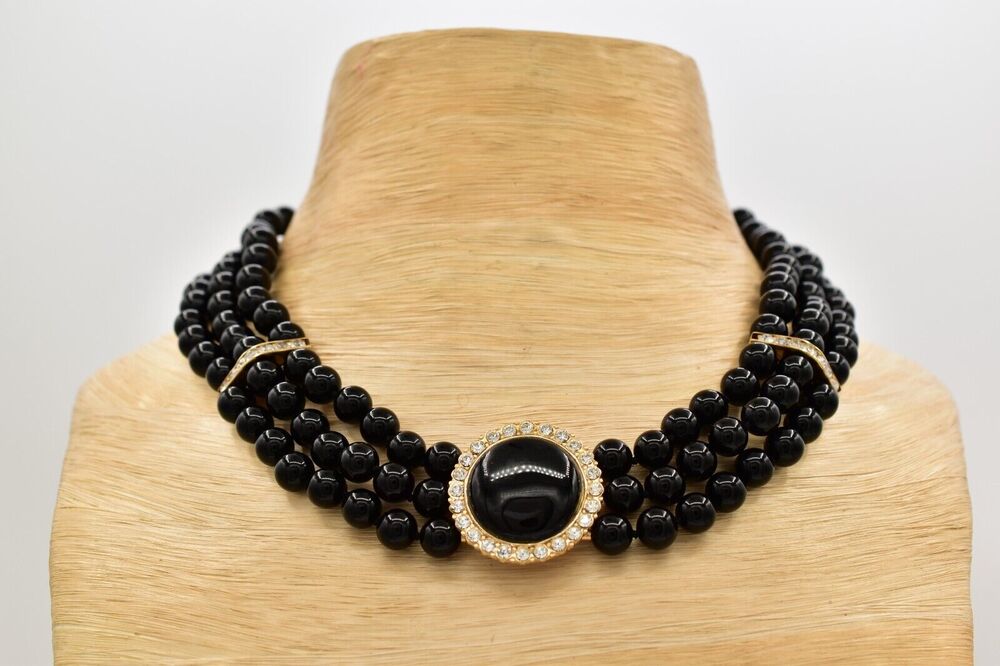 Vintage Black Beaded Necklace Collar Gold Rhinestone Crystal Cabochon 1990s BinK